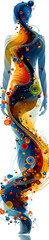 A woman is depicted in a painting with a long, flowing dress. The dress is made up of many different colors and patterns, creating a sense of movement and energy. The woman's body is elongated