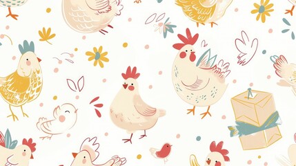 a pattern of cute cartoon chickens, box-toting fairies, whimsical character art, kids' room anime art