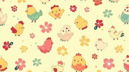  a pattern of cute cartoon chickens, square-box bearing fairies, enchanted animation style, vibrant anime illustrations