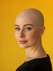 Obraz premium Bald young woman with a bright personality. Stylish bald-headed person on yellow background