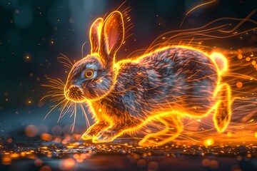 a rabbit running with neon effect
