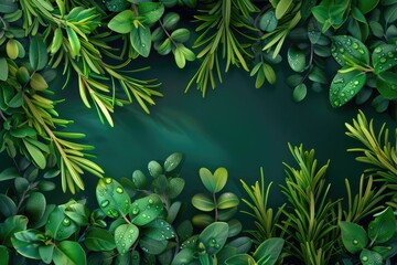 A lush green foliage border featuring a variety of leaves with dew drops against a vibrant green background, perfect for nature designs.