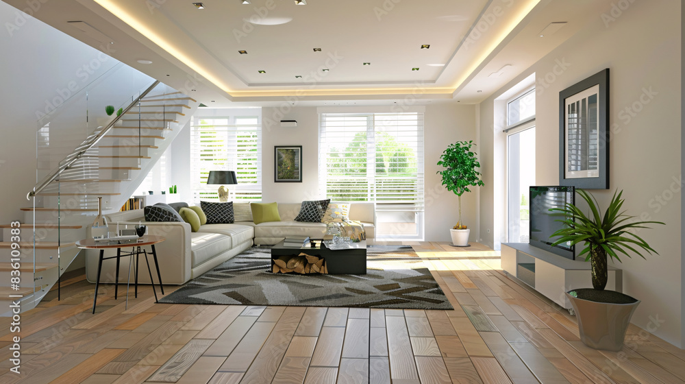 Wall mural modern home interior with stylish furniture, wooden floor, and elegant decor elements