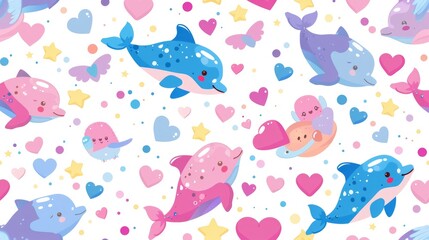  a pattern of cute cartoon dolphins, winged hearts in flight, enchanted anime aesthetics, bright anime scenes