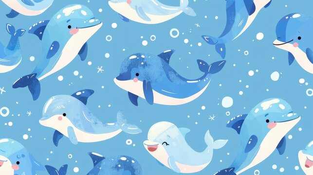  a pattern of cute cartoon dolphins, square-box flying wonders, enchanted character aesthetics, anime illustrations for kids
