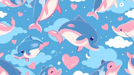  a pattern of cute cartoon dolphins, winged hearts of fantasy, enchanted character aesthetics, lively anime illustrations