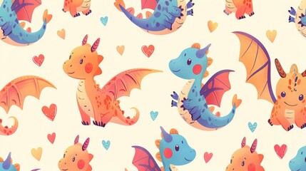  a pattern of cute cartoon dragons, winged hearts delivering, handcrafted fantasy art, happy anime illustrations