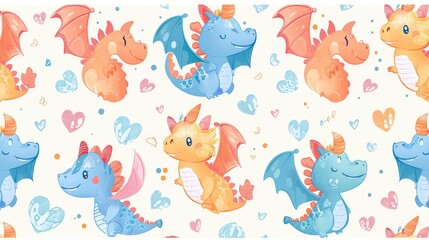  a pattern of cute cartoon dragons, winged hearts with loads, enchanted anime designs, charming anime characters