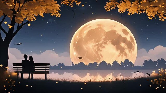 silhoutte of a couple sitting on bench looking at the moon at night, in front of a lake, sky full of stars, city view with trees and fireflies
