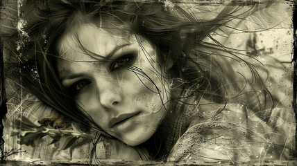 A woman with long hair is lying on the ground. She has a sad expression on her face