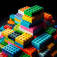 Fototapeta premium Colorful bricks stacked on black background closeup