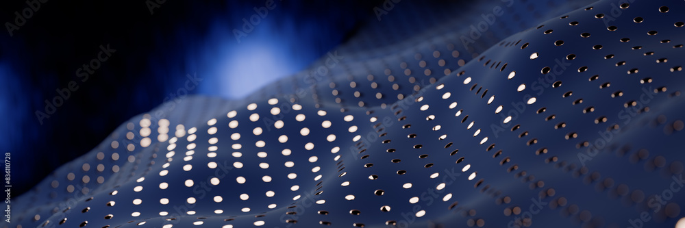 Poster abstract wave-like pattern with dots on a dark blue background. 3d rendering