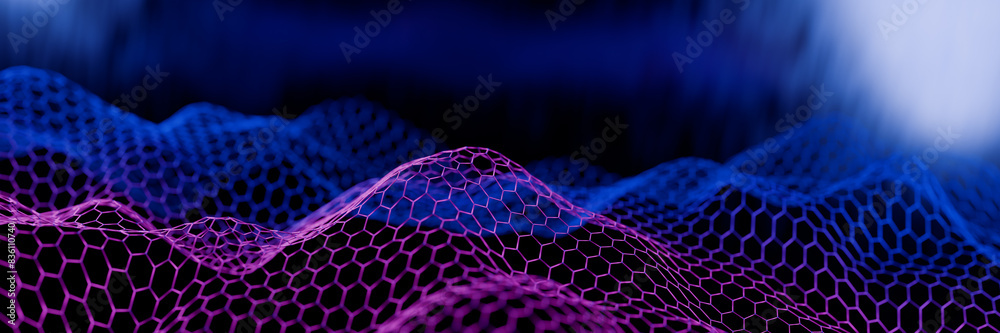 Poster abstract digital landscape with blue and purple hexagonal grid patterns. 3d rendering