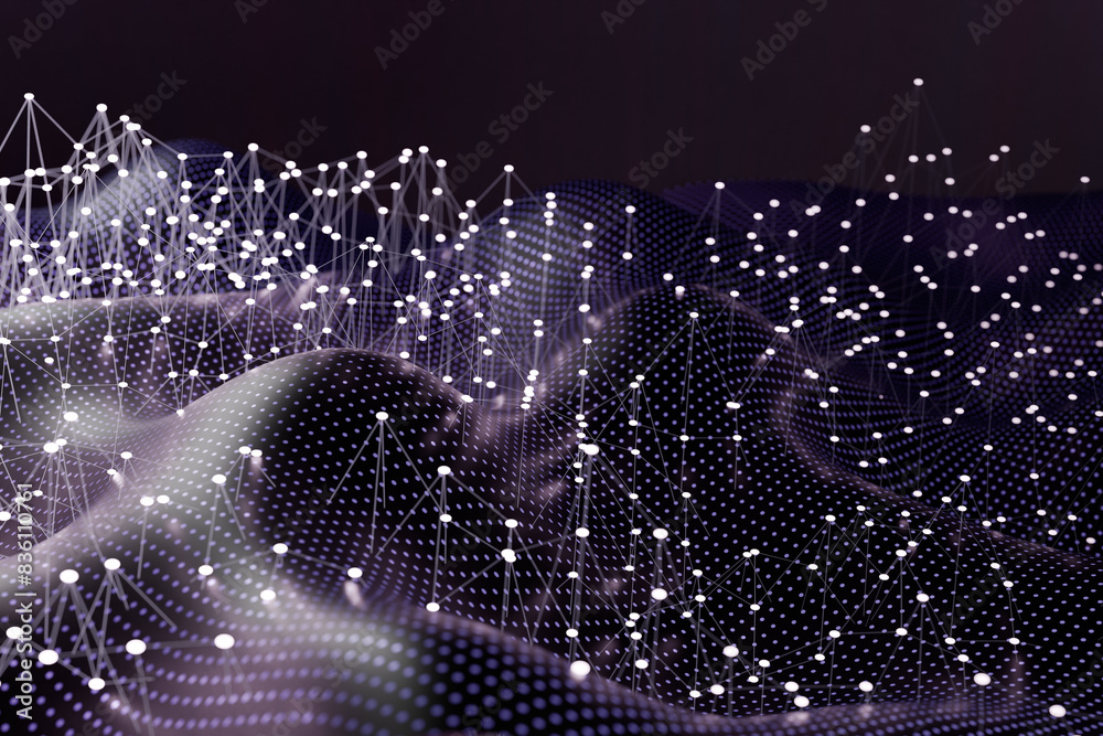 Poster abstract digital landscape with interconnected dots and lines forming a network on a dark background