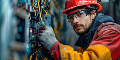 Electrician fixing electrical system at a high altitude. Concept High-altitude Electrical Work, Electrical Safety Procedures, Risk Management, Expert Electrician Techniques