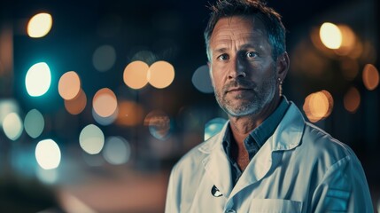 Mature, doctor or face at night by hospital with trust, confidence, and pride while on late medical clinic shift. Graphic portrait, serious or AI-generated healthcare worker on city mockup or bokeh.