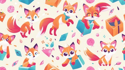  a pattern of cute cartoon foxes, box-laden mystical beings, hand-drawn anime fantasy, vibrant anime illustrations