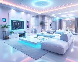Futuristic Living Room Design With White Sectional Sofa and Smart Home Technology
