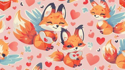  a pattern of cute cartoon foxes, heart-shaped cargo bearers, enchanted character designs, fun-loving anime art
