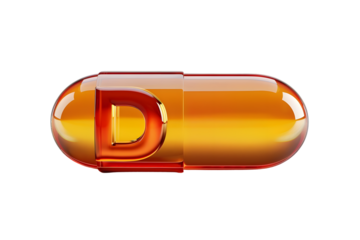 A close-up of a glossy orange vitamin D capsule isolated on a white background, showcasing its vibrant color and clarity.