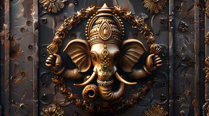 Hindu God Ganapathi Face on Metallic Background