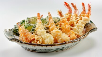 A beautiful arrangement of assorted tempura vegetables and shrimp on a ceramic plate