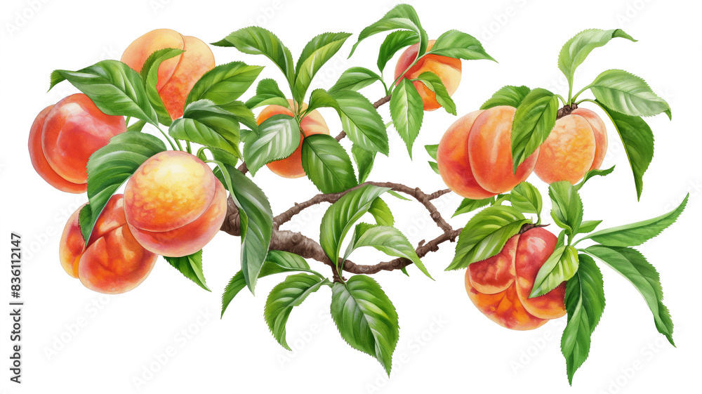 Wall mural Illustration of a peach tree with lush green leaves and ripe, orange peaches against a white background. - Wall murals