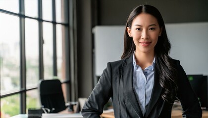 Elegant and confident young Korean businesswoman A proud leader, this intelligent Asian businesswoman, lawyer or company executive is standing in her office and looking at the camera
