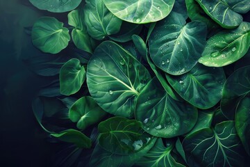 Lush green leaves with water droplets, showcasing nature's beauty and freshness. Perfect for backgrounds, nature themes, and botanical projects.