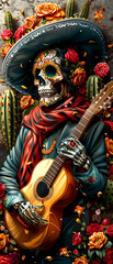 Fototapeta premium A man dressed in a sombrero and playing a guitar. The man is surrounded by flowers and a skeleton
