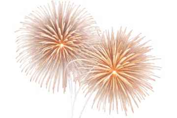 Three golden firework bursts with delicate trails on a transparent, png, white background, suitable for festive designs