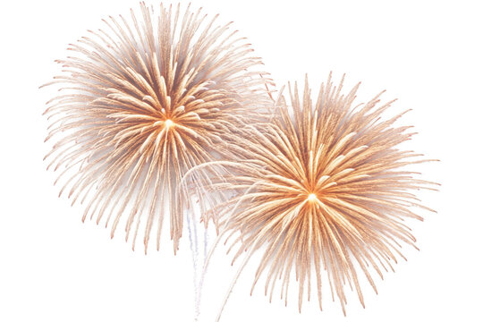 Three golden firework bursts with delicate trails on a transparent, png, white background, suitable for festive designs