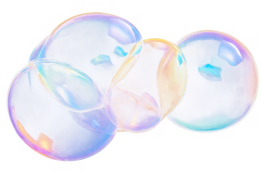 Cluster of iridescent, translucent soap bubbles overlapping on a transparent, png, white background
