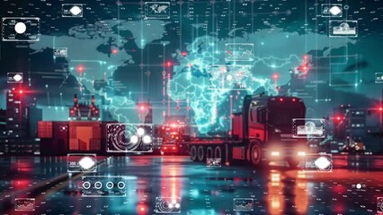 High-tech logistics truck on a digital map background, representing global supply chain and connectivity