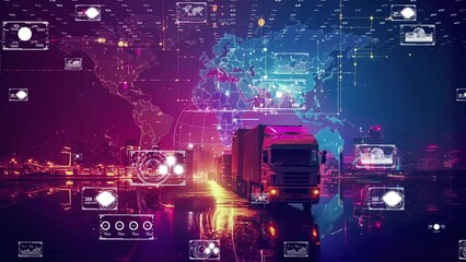 High-tech logistics truck on a digital map background, representing global supply chain and connectivity - Powered by Adobe