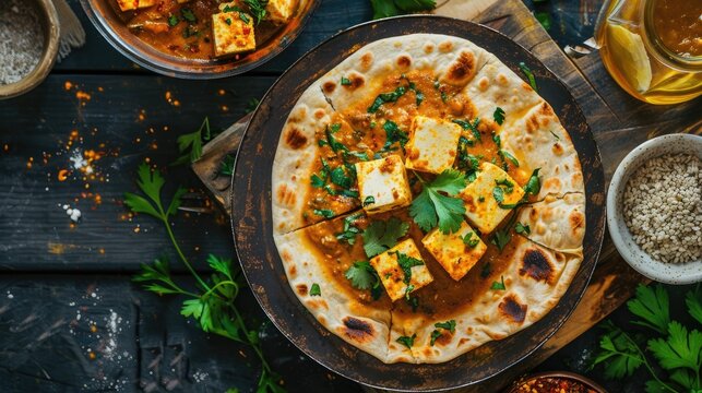 Kerala style homemade wheat flatbread with layers served with Paneer curry seen from above