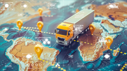 High-tech logistics truck on a digital map background, representing global supply chain and connectivity