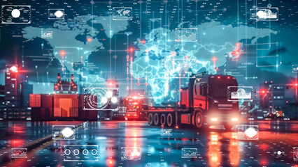 High-tech logistics truck on a digital map background, representing global supply chain and connectivity