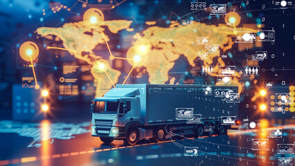High-tech logistics truck on a digital map background, representing global supply chain and connectivity