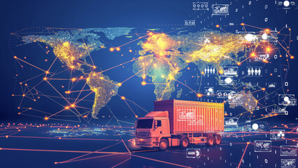 High-tech logistics truck on a digital map background, representing global supply chain and connectivity