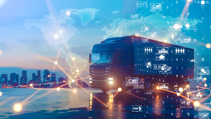 High-tech logistics truck on a digital map background, representing global supply chain and connectivity