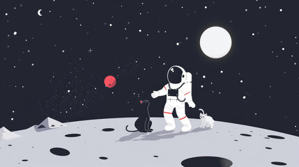 Cats on the Moon - Illustration of an Astronaut Hanging Out with Cats on the Surface of the Moon