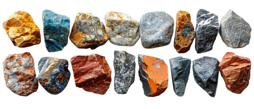 Collection of colorful and textured stones arranged in a row isolate นื transparent background, cutout, png