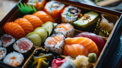 A detailed shot of a beautifully crafted bento box with sushi, fruits, and Japanese pickles