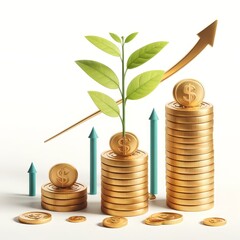 Growing plant atop stacks of golden coins with upward arrows, symbolizing financial growth and investment success.
