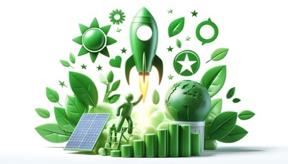 Eco-friendly technology and green energy concept, featuring solar panel, rocket, green leaves, and a globe.