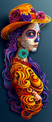 A woman with a flowery hat and a face with a skull on it. The woman is wearing a yellow dress and a yellow hat