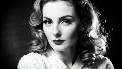 Fototapeta premium Close-up portrait of a brunette model with long, styled hair and dramatic makeup in a glamorous studio setting