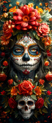 A woman with a flower headdress and a skull on her back