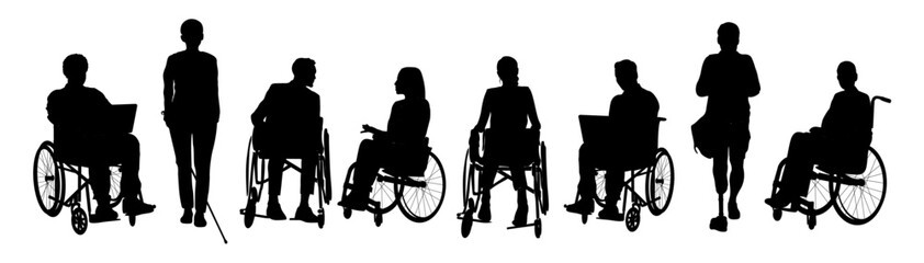 Silhouettes of diverse disabled people standing, walking, men, women sitting in wheelchair. Inclusive business concept. Vector black illustrations isolated on transparent background.